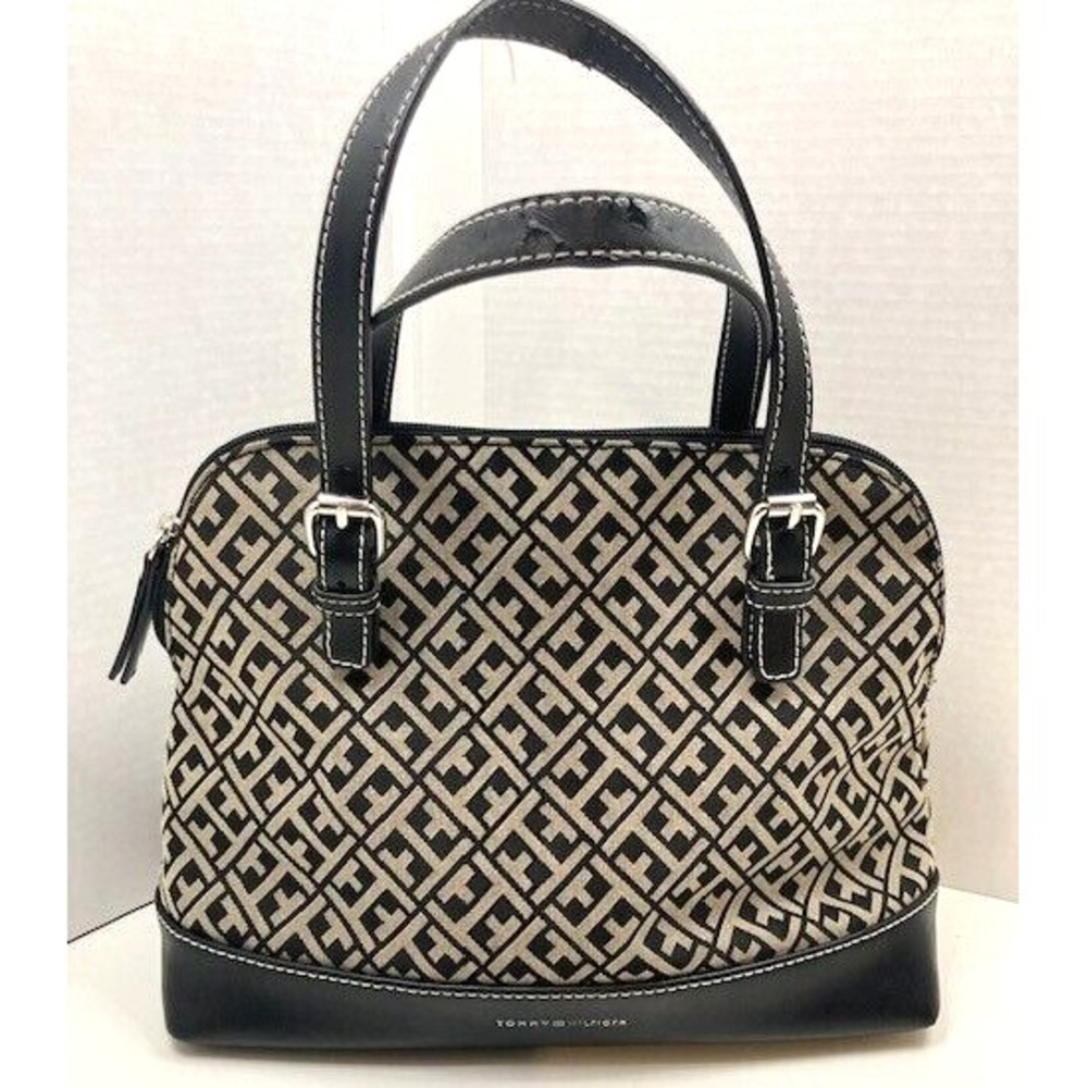 Tommy‎ Hilfiger Navy Black & Gray T's 14" H X 13" Long Satchel Purse pre-owned